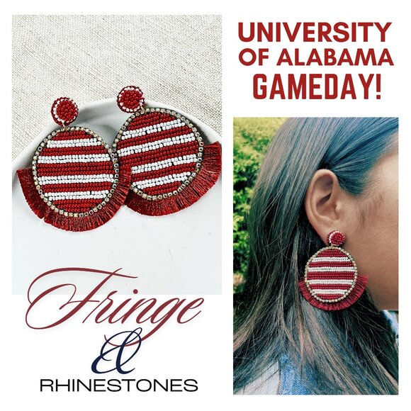 ALABAMA Crimson Beaded Round Earrings Rhinestone Fringe Gameday Team - Picture 1 of 4
